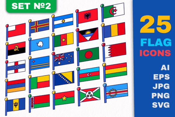 A Collection of 25 Flat Outline National Flag Icons