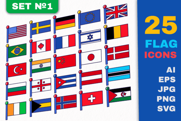 Flag Icons Set 1: A Flat Outline Flag Collection